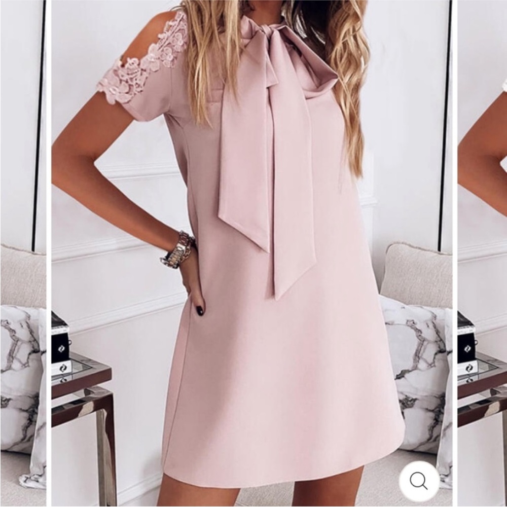 Sheilay Pink Lace Cold Shoulder Bow Tie Shift Tunic Dress
